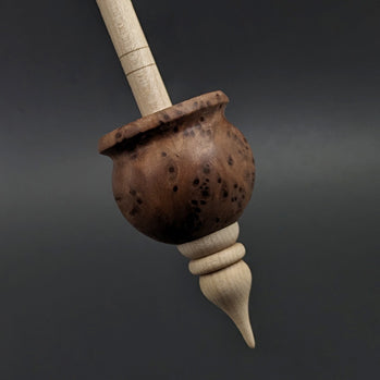 Cauldron spindle in redwood lace burl and curly maple