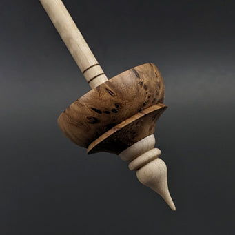 Tibetan style spindle in elm burl and curly maple