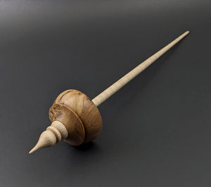 Tibetan style spindle in elm burl and curly maple