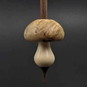 Mushroom support spindle in maple burl, holly, and walnut