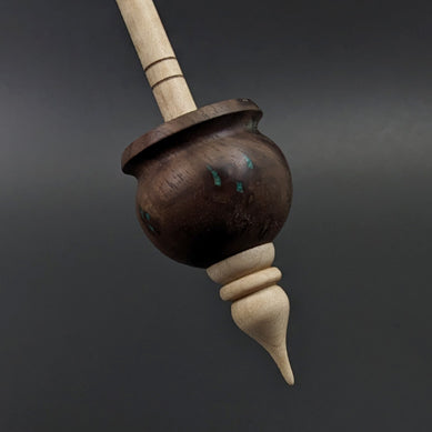 Cauldron spindle in walnut burl and curly maple with malachite inlay