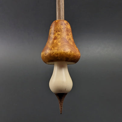 Mushroom support spindle in hand dyed birdseye maple, holly, and walnut