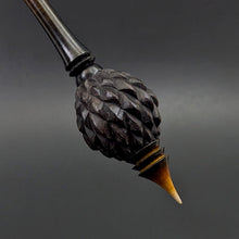 Load image into Gallery viewer, Dragon egg bead spindle in African blackwood and hand dyed curly maple