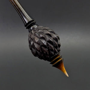 Dragon egg bead spindle in African blackwood and hand dyed curly maple