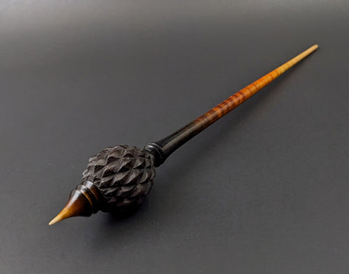 Dragon egg bead spindle in African blackwood and hand dyed curly maple