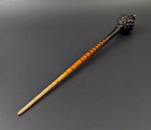Load image into Gallery viewer, Dragon egg bead spindle in African blackwood and hand dyed curly maple