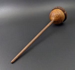 Acorn drop spindle in hand dyed maple burl and walnut