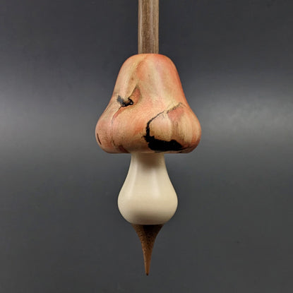 Mushroom support spindle in flame box elder, holly, and walnut