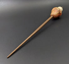 Load image into Gallery viewer, Mushroom support spindle in flame box elder, holly, and walnut