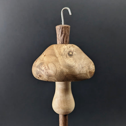 Mushroom drop spindle in maple burl and walnut