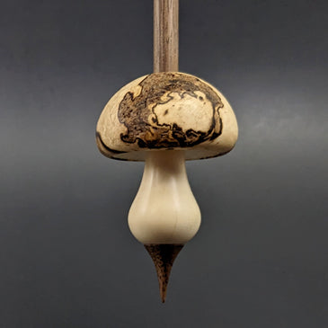 Mushroom support spindle in maple burl, holly, and walnut