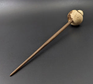 Mushroom support spindle in maple burl, holly, and walnut