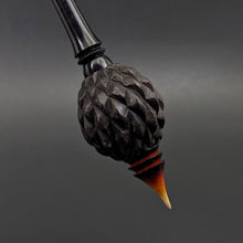 Load image into Gallery viewer, Dragon egg bead spindle in African blackwood and hand dyed curly maple