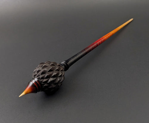 Dragon egg bead spindle in African blackwood and hand dyed curly maple