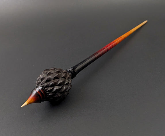 Dragon egg bead spindle in African blackwood and hand dyed curly maple