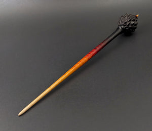 Dragon egg bead spindle in African blackwood and hand dyed curly maple