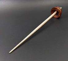 Load image into Gallery viewer, Tibetan style spindle in hand dyed maple burl and curly maple