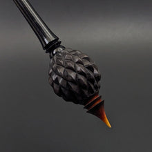 Load image into Gallery viewer, Dragon egg bead spindle in African blackwood and hand dyed curly maple