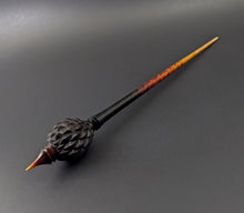 Load image into Gallery viewer, Dragon egg bead spindle in African blackwood and hand dyed curly maple