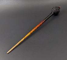 Load image into Gallery viewer, Dragon egg bead spindle in African blackwood and hand dyed curly maple
