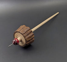 Load image into Gallery viewer, Toadstool stump drop spindle in walnut and curly maple