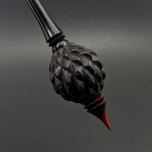 Load image into Gallery viewer, Dragon egg bead spindle in African blackwood and hand dyed curly maple