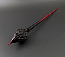 Load image into Gallery viewer, Dragon egg bead spindle in African blackwood and hand dyed curly maple