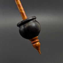 Load image into Gallery viewer, Cauldron spindle in African blackwood and hand dyed curly maple