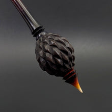Load image into Gallery viewer, Dragon egg bead spindle in African blackwood and hand dyed curly maple
