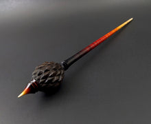Load image into Gallery viewer, Dragon egg bead spindle in African blackwood and hand dyed curly maple