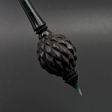 Load image into Gallery viewer, Dragon egg bead spindle in African blackwood and hand dyed curly maple