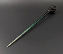 Load image into Gallery viewer, Dragon egg bead spindle in African blackwood and hand dyed curly maple