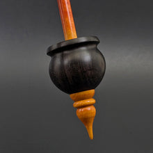 Load image into Gallery viewer, Cauldron spindle in African blackwood and hand dyed curly maple