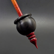 Load image into Gallery viewer, Cauldron spindle in African blackwood and hand dyed curly maple