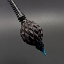 Load image into Gallery viewer, Dragon egg bead spindle in African blackwood and hand dyed curly maple
