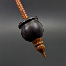 Load image into Gallery viewer, Cauldron spindle in African blackwood and hand dyed curly maple