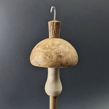 Load image into Gallery viewer, Mushroom drop spindle in maple burl, curly maple, and walnut