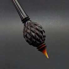 Load image into Gallery viewer, Dragon egg bead spindle in African blackwood and hand dyed curly maple