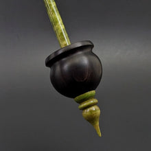 Load image into Gallery viewer, Cauldron spindle in African blackwood and hand dyed curly maple
