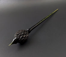 Load image into Gallery viewer, Dragon egg bead spindle in African blackwood and hand dyed curly maple