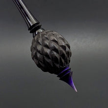 Load image into Gallery viewer, Dragon egg bead spindle in African blackwood and hand dyed curly maple