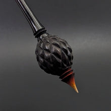 Load image into Gallery viewer, Dragon egg bead spindle in African blackwood and hand dyed curly maple (<font color="red"<b>RESERVED</b></font> for Sophia)