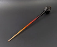 Load image into Gallery viewer, Dragon egg bead spindle in African blackwood and hand dyed curly maple (<font color="red"<b>RESERVED</b></font> for Sophia)