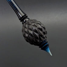 Load image into Gallery viewer, Dragon egg bead spindle in African blackwood and hand dyed curly maple