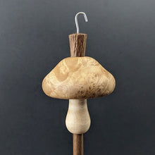Load image into Gallery viewer, Mushroom drop spindle in maple burl, curly maple, and walnut