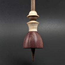 Load image into Gallery viewer, Tiny dancer spindle in purpleheart, curly maple, and walnut