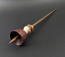 Load image into Gallery viewer, Tiny dancer spindle in purpleheart, curly maple, and walnut