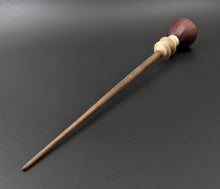Load image into Gallery viewer, Tiny dancer spindle in purpleheart, curly maple, and walnut