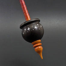 Load image into Gallery viewer, Cauldron spindle in African blackwood and hand dyed curly maple