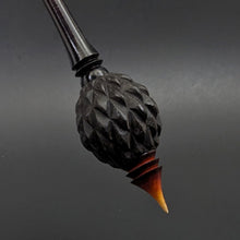 Load image into Gallery viewer, Dragon egg bead spindle in African blackwood and hand dyed curly maple
